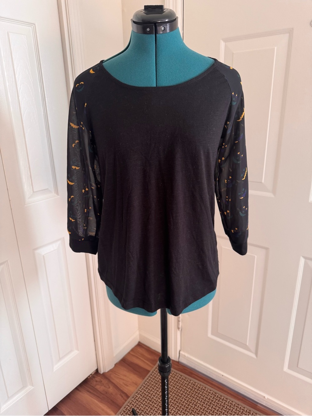 Women's Black Scoop Neck 3/4 Sleeve Top with Jack O Lantern Detail